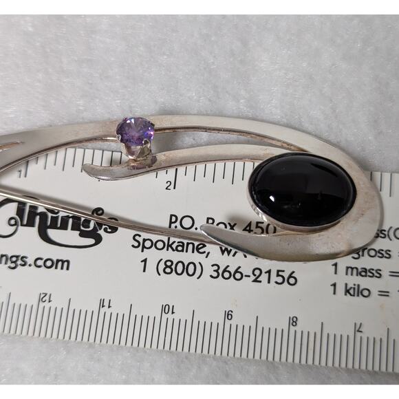 Sterling silver black onyx + amethyst Pin Handmade Large see photos measurements - Picture 6 of 11